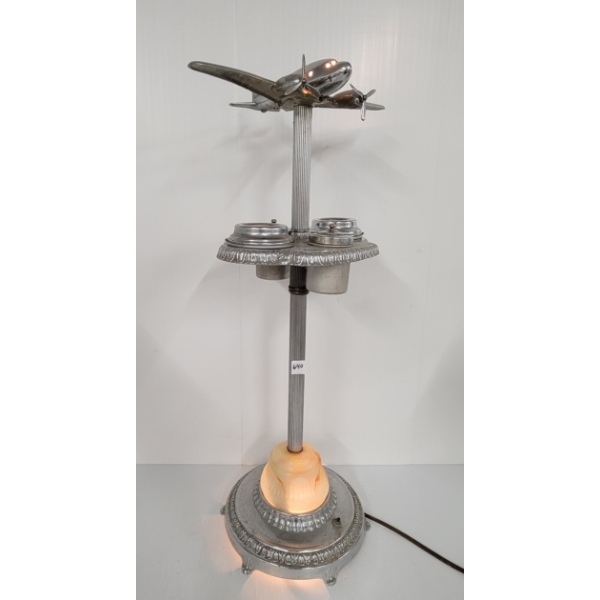 CHROME AIRPLANE ASHTRAY STAND, LIGHT & TOBACCO HOLDERS