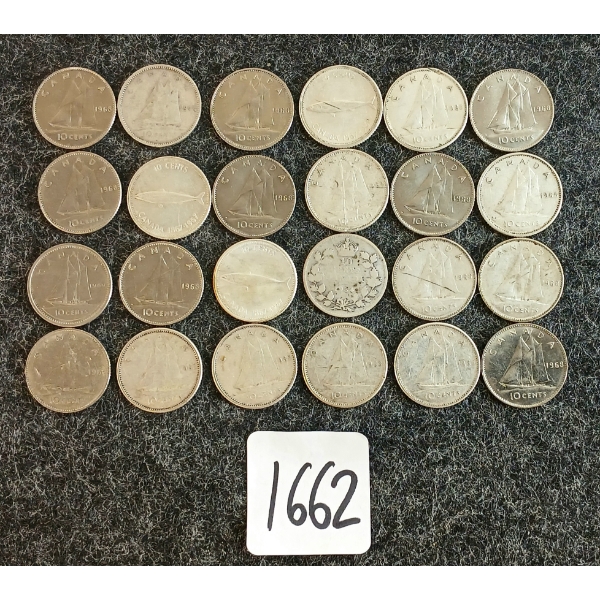 LOT OF 24 - 1934-1969 CDN 10 CENT COINS 