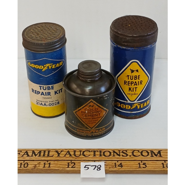 LOT OF 3 - GOOD YEAR TUBE REPAIR KITS & COLD PATCHING CEMENT CANS