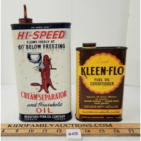 LOT OF 2 - HI-SPEED CREAM SEPERATOR OIL QT & KLEEN-FLO FUEL OIL 16 OZ CANS