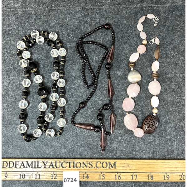LOT OF 3 - BEADED, ROSE QUARTZ & PEARL NECKLACES