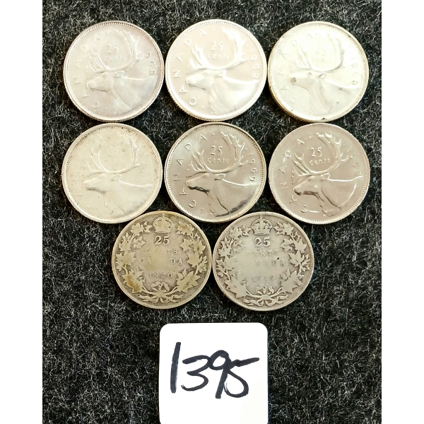 LOT OF 8 - 1919-1969 CDN 25 CENT COINS