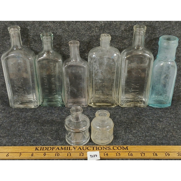 LOT OF 8 - EMBOSSED APOTHECARY BOTTLES & INKWELL - INCL J.R. WATKINS CO., AUXILIATOR THE HAIR, ETC. 