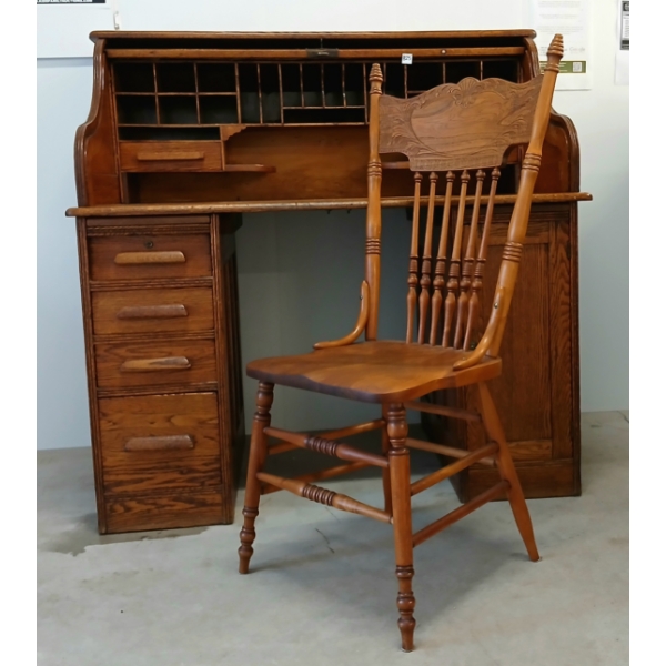 LOT OF 2 - TIGER OAK ROLL TOP DESK W/ WINDSOR BACK CHAIR