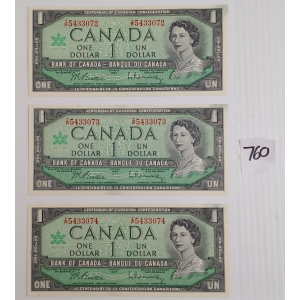 LOT OF 3 - 1967 CDN $1 BANKNOTES - SEQUENTIAL