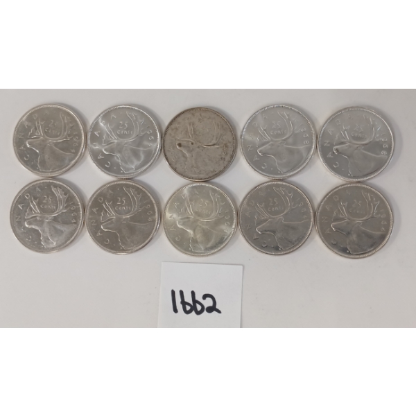 LOT OF 10 - 1964-1968 CDN 25 CENT SILVER COINS
