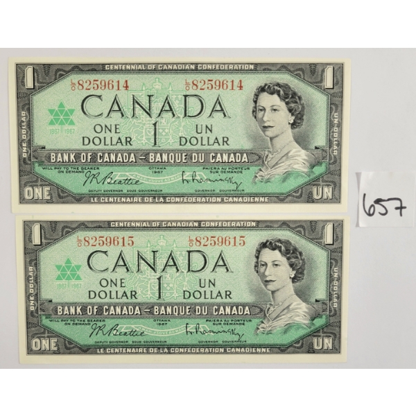 LOT OF 2 - 1967 CDN $1 BANKNOTES - SEQUENTIAL & UNCIRCULATED