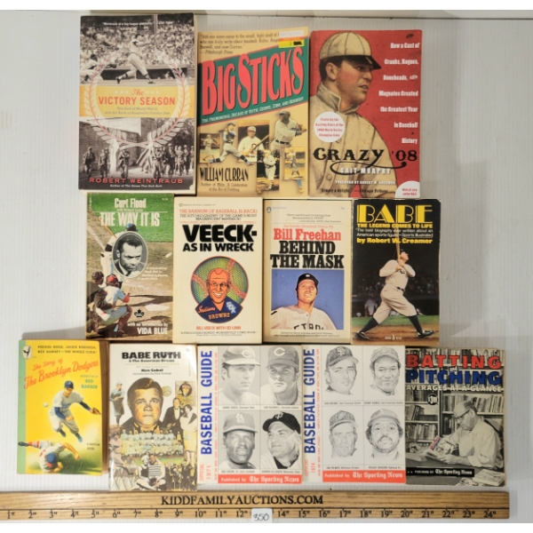 LOT OF 12 - BASEBALL BOOKS - "CRAZY '08", "BIG STICKS", "THE WAY IT IS", "THE VICTORY SEASON", ETC