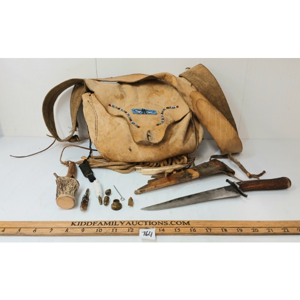 JOB LOT - BEADED LEATHER RELOADING SATCHEL W/ ACCESSORIES & HUNTING KNIFE W/ SHEATH