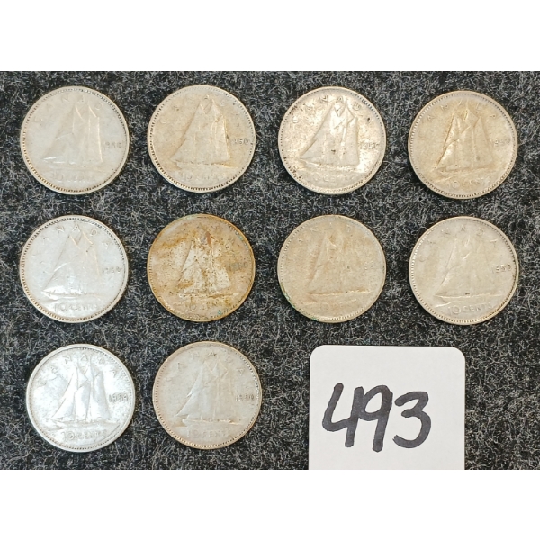 LOT OF 10 - 1950-1960 CDN 10 CENT COINS