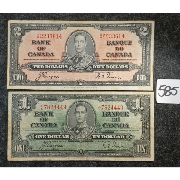 LOT OF 2 - 1937 CDN $1 & 2 BANKNOTES