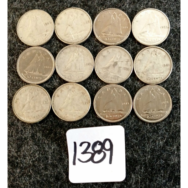 LOT OF 12 - 1947-1973 CDN 10 CENT COINS