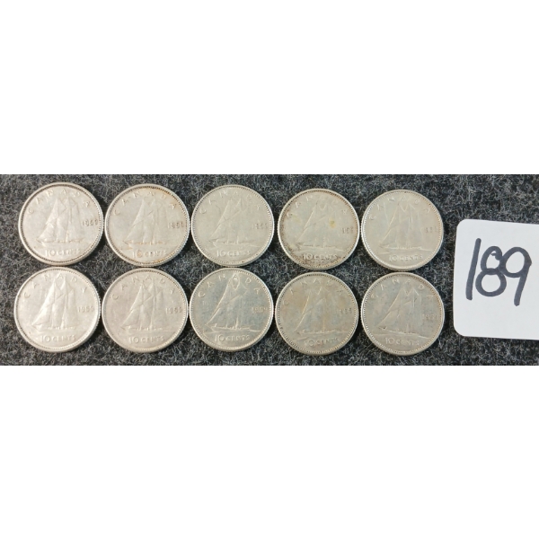 LOT OF 10 - 1959 CDN 10 CENT COINS