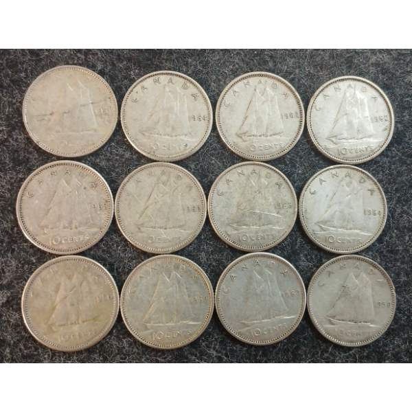 LOT OF 12 - 1950-1964 CDN 10 CENT COINS