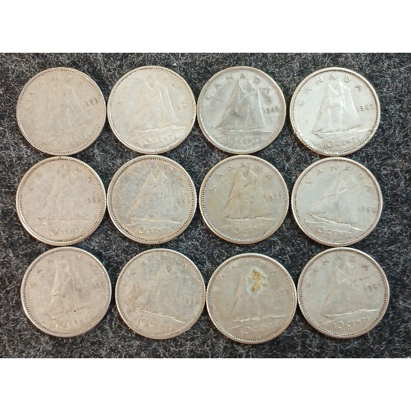 LOT OF 12 - 1940-1965 CDN 10 CENT COINS