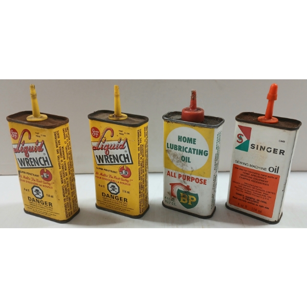 LOT OF 4 - BP ALL PURPOSE, SINGER SEWING MACHINE OIL & LIQUID WRENCH OILERS - 4OZ