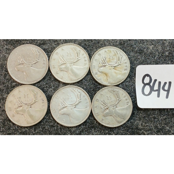 LOT OF 6 - 1947 CDN 25 CENT COINS