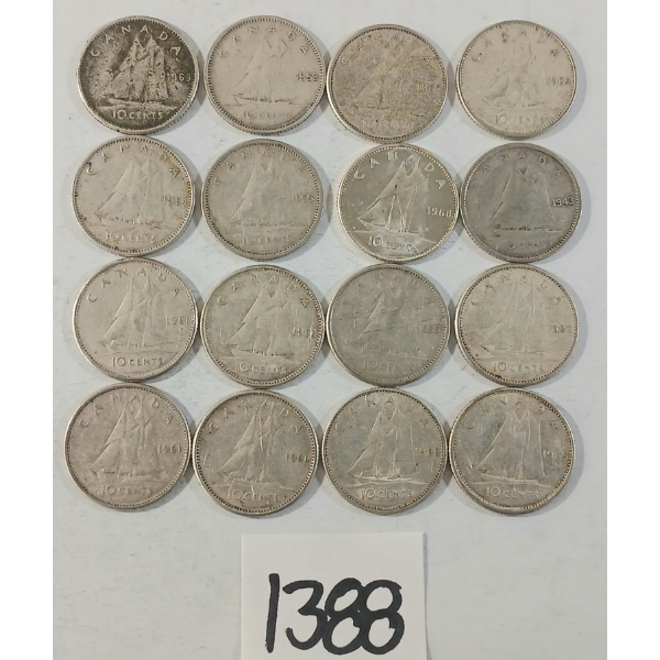 LOT OF 15 - 1955-1968 CDN SILVER DIMES