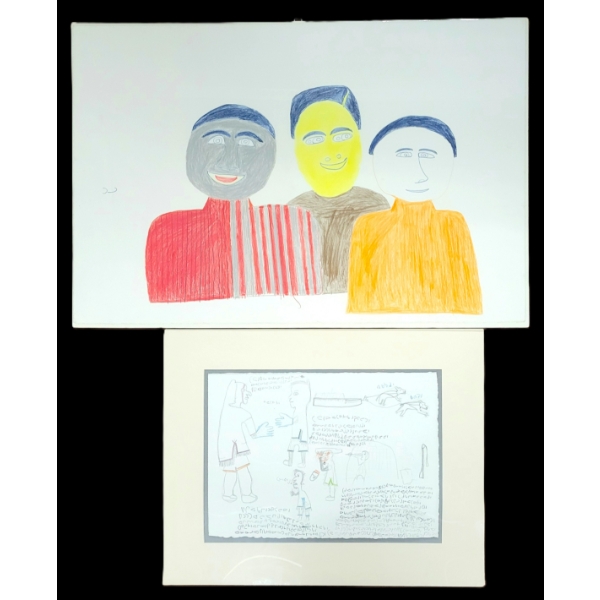 LOT OF 2 - FAMILY PORTRAIT & STORY SCENE - SIGNED - COLOURED PENCIL ON PAPER