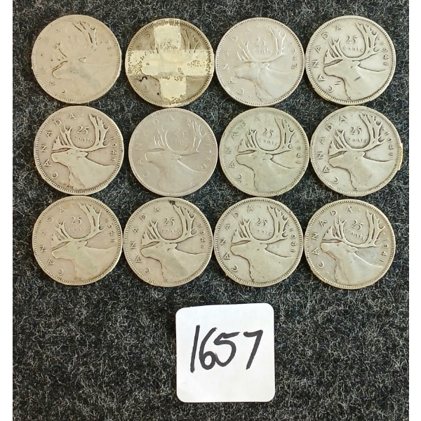 LOT OF 12 - 1941-1947 CDN 25 CENT COINS 