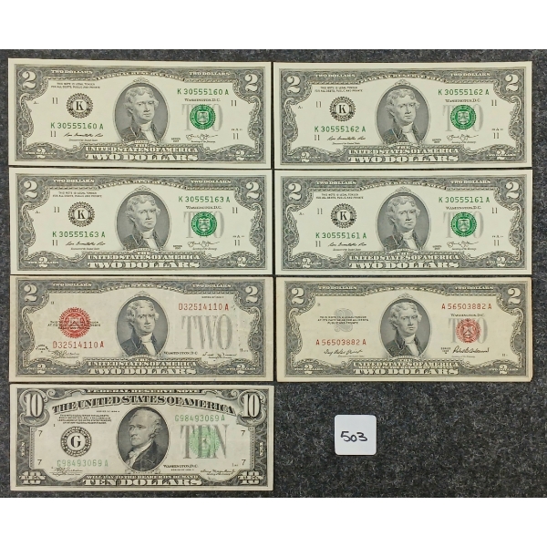 LOT OF 7 - 1928-2013 US $2 & 10 BANKNOTES - INCL CONSECUTIVE & UNCIRCULATED