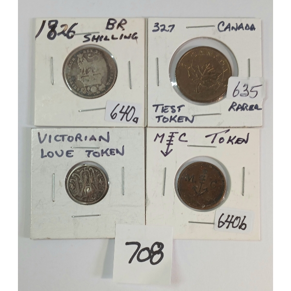 LOT OF 4 - 1826 BRITISH SHILLING, VICTORIAN LOVE TOKEN, CDN TEST TOKEN & MC TOKEN