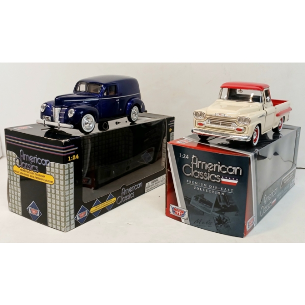 LOT OF 2 - MOTOR MAX DIECAST '40 FORD SEDAN DELIVERY CAR & '58 CHEVY APACHE FLEETSIDE PICK UP MODELS