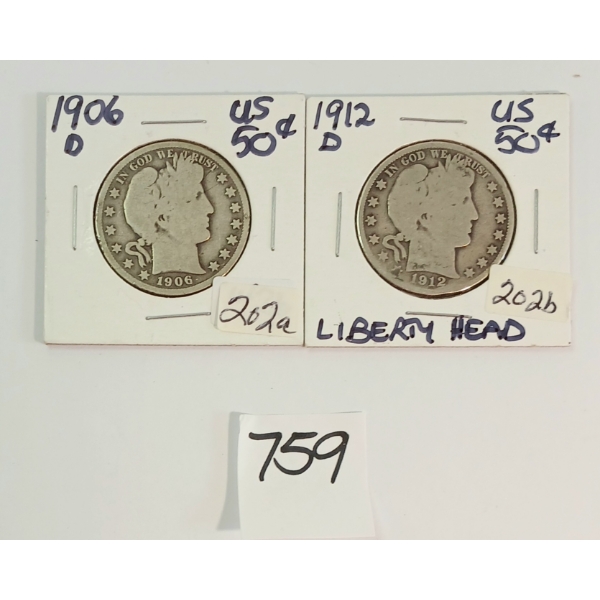 LOT OF 2 - 1906 & 1912 US LIBERTY HEAD 50 CENT SILVER COINS