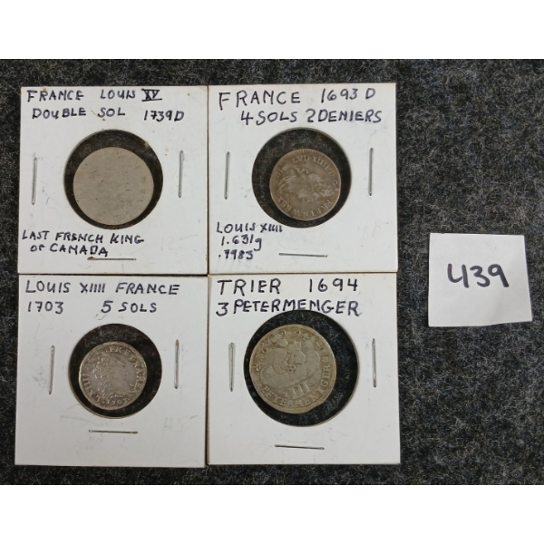 LOT OF 4 - 1693 FRENCH 4 SOLS 2 DENIERS, 1703 FRENCH 5 SOLS, ETC 