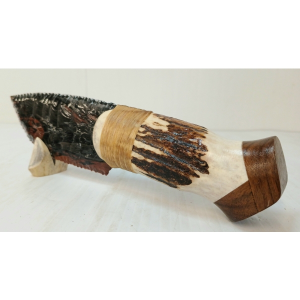 OBSIDIAN KNIFE W/ ANTLER HANDLE & STAND