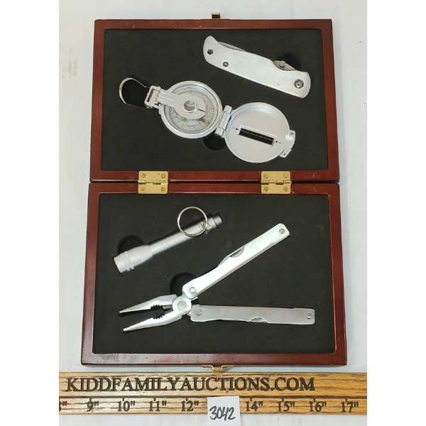 SURVIVAL TOOL SET W/ CASE - FOLDING KNIFE, COMPASS, PLIERS & FLASHLIGHT