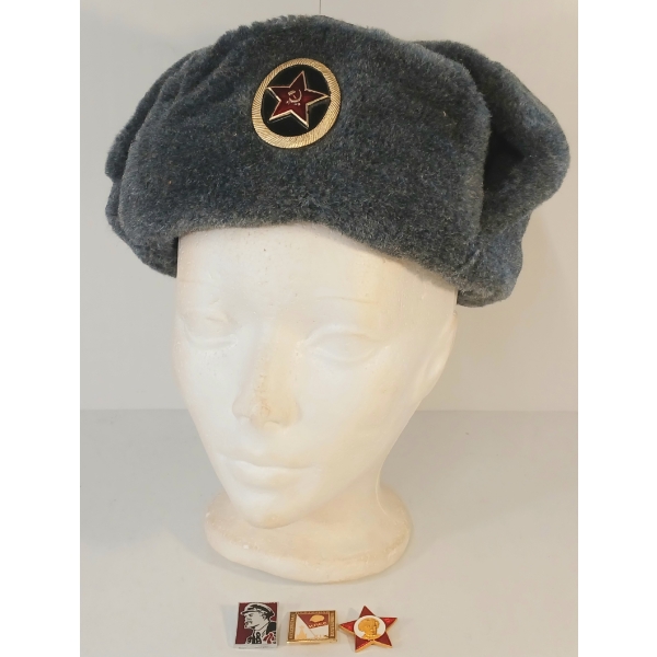 LOT OF 4 - SOVIET ARMY USHANKA WINTER HAT & PINS