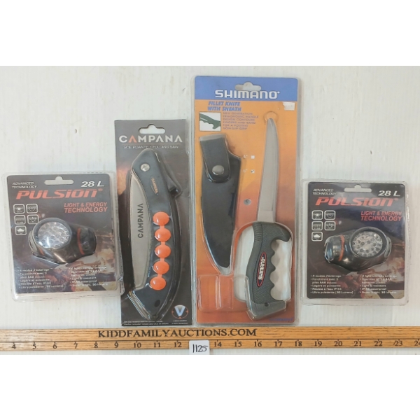 LOT OF 4 - PULSION HEAD LAMPS, SHIMANO FILET KNIFE W/ SHEATH & CAMPANA FOLDING SAW