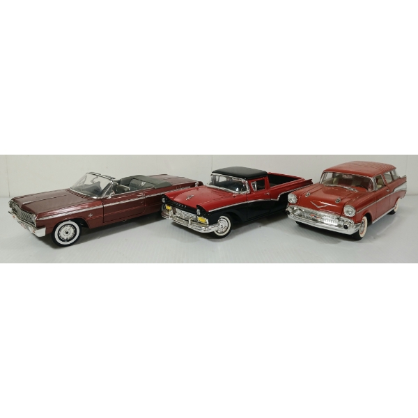 LOT OF 3 -  ERTL / ROAD SIG. / ROAD TOUGH DIECAST MODELS - '57 FORD RANCHERO. '64 CHEVY IMPALA, ETC