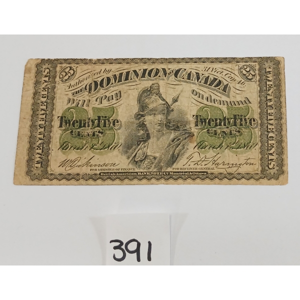 1870 DOMINION OF CANADA 25 CENT SHINPLASTER