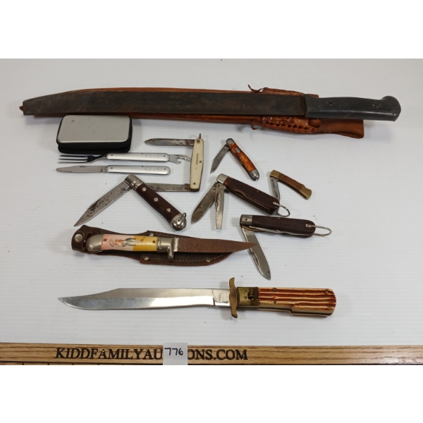 LOT OF 10 - POCKET KNIVES, MACHETE AND POCKET UTENSILS