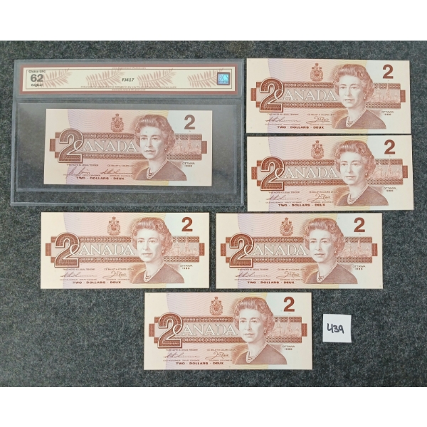 LOT OF 6 - 1986 CDN $2 BANKNOTES - INCL CONSECUTIVE & GRADED