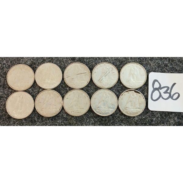 LOT OF 10 - 1968 CDN 10 CENT COINS