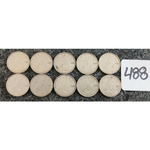 LOT OF 10 - 1953 CDN 10 CENT COINS