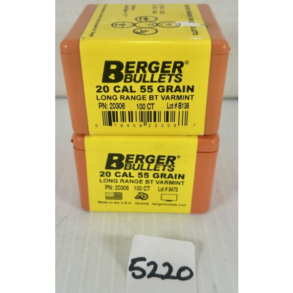 BULLETS: 200X BERGER .20 CAL 55GR. LRBT - SEALED 