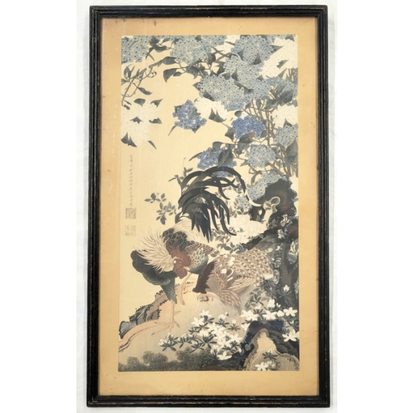 "ROOSTER & HEN W/ HYDRANGEAS" BY ITO JAKUCHU (1716 - 1800) - FRAMED PRINT