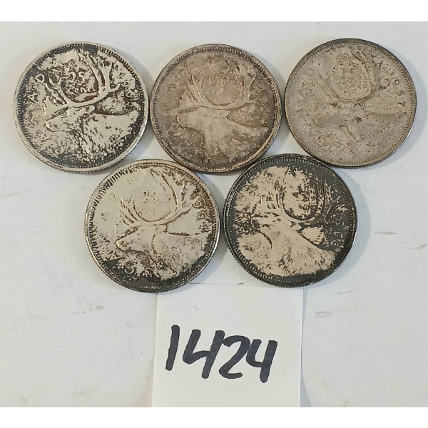 LOT OF 5 - 1957-1964 CDN 25 CENT SILVER COINS