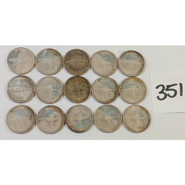 LOT OF 15 - 1967 CDN SILVER DIMES