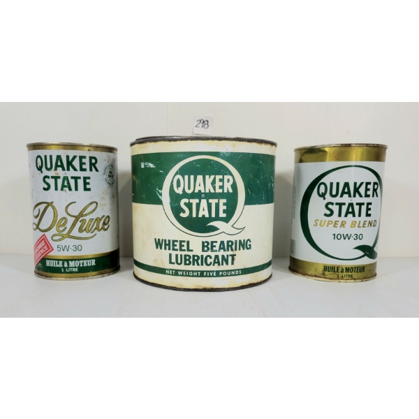 LOT OF 3 - QUAKER STATE WHEEL BEARING LUBRICANT, DELUXE & SUPER BLEND MOTOR OIL CANS