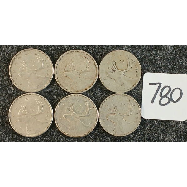 LOT OF 6 - 1943-1966 CDN 25 CENT COINS