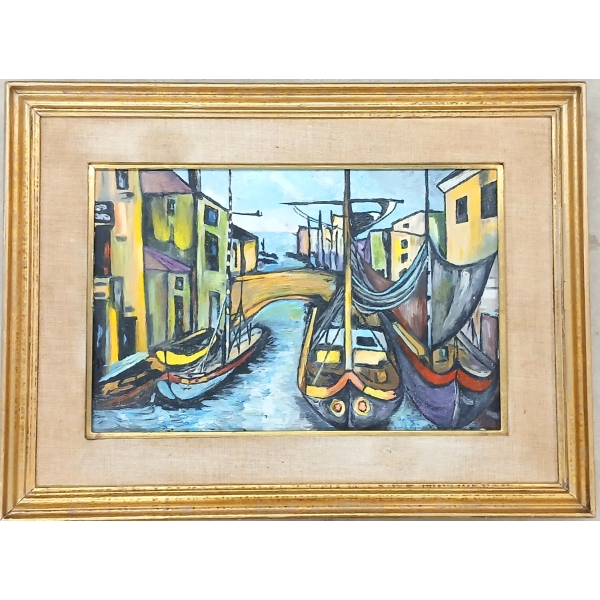 BOAT HARBOUR SCENE BY UNKNOWN ARTIST - FRAMED OIL ON CANVAS