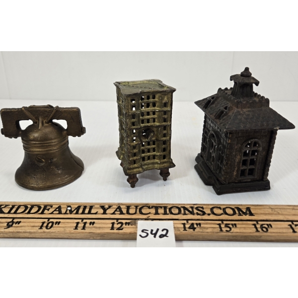 LOT OF 3 - CAST COIN BANKS - INCL BELL, STATE BANK ETC