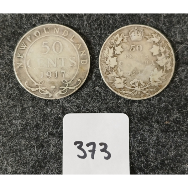 LOT OF 2 - 1914 CDN & 1917 NEWFOUNDLAND SILVER 50 CENT COINS