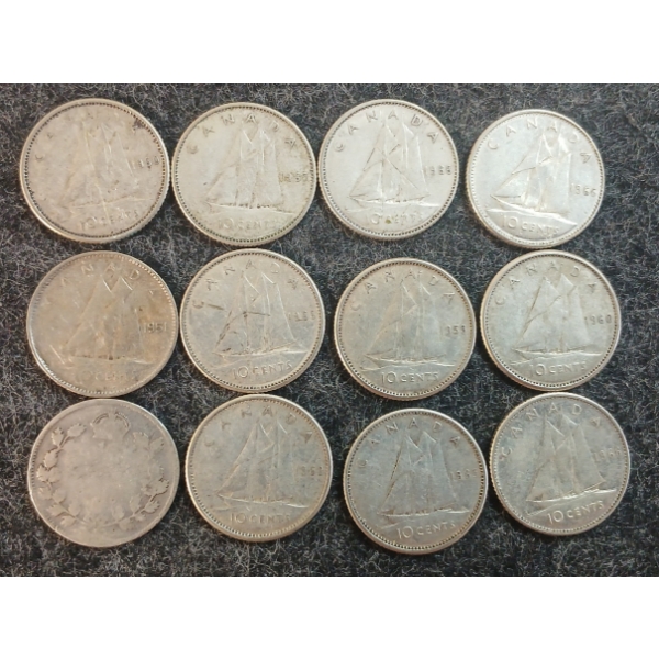 LOT OF 12 - 1916-1968 CDN 10 CENT COINS