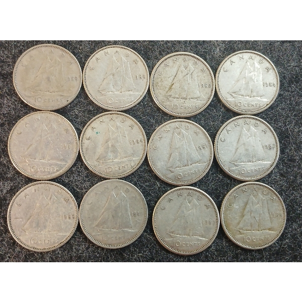 LOT OF 12 - 1949-1966 CDN 10 CENT COINS